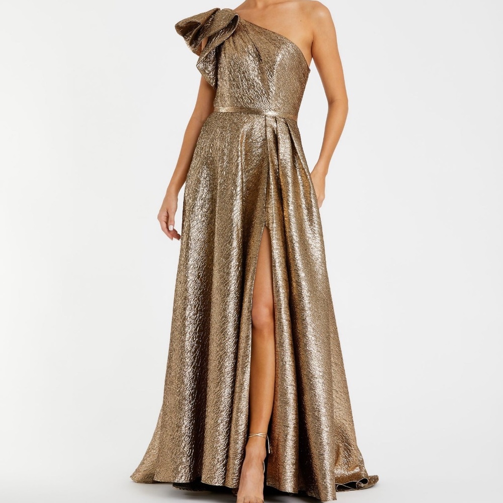 MAC DUGGAL One Shoulder Metallic Ballgown Antique Bronze Women's Dress